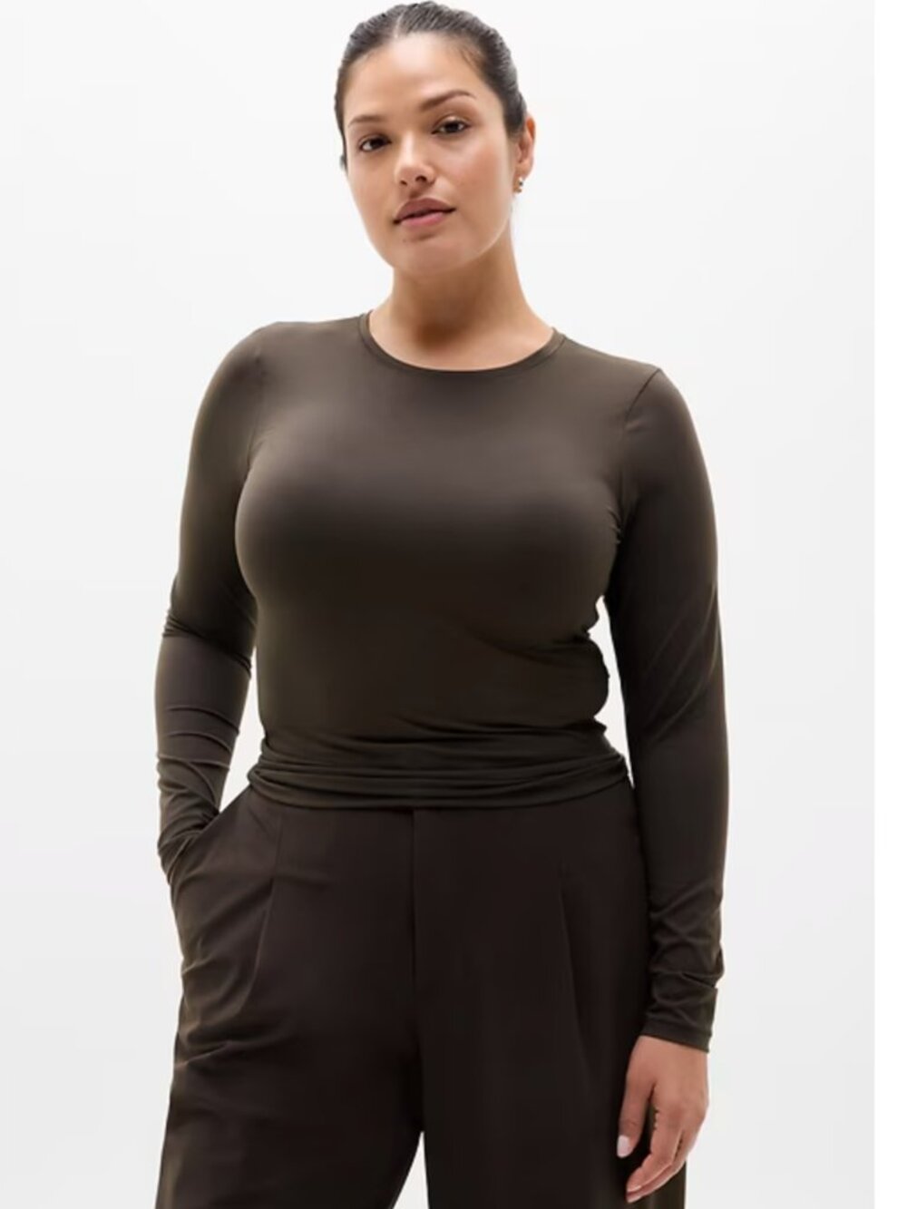 Athleta Signature Rib Longsleeve Crew Shirt Size Small in Color Truffle Brown